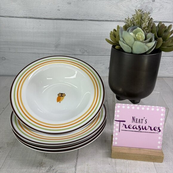 Rachael Ray LITTLE HOOT Autumn Stripe Owl Bands Porcelain Rim Soup Bowl Set of 4 - Picture 1 of 16